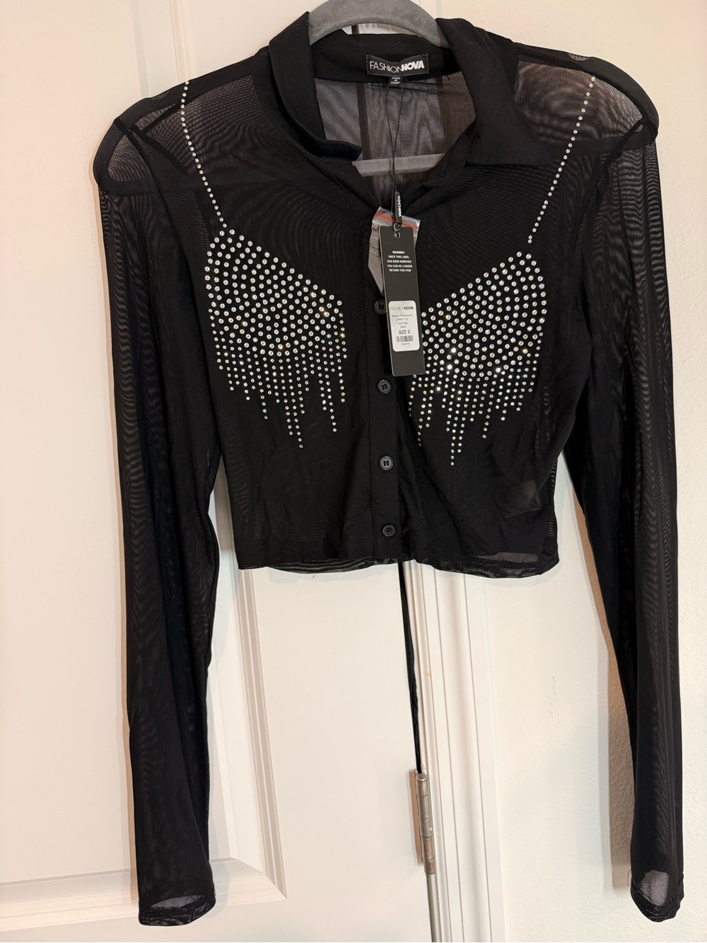 Fashion Nova Black Sheer Rhinestone Drip Button-Up Crop Top